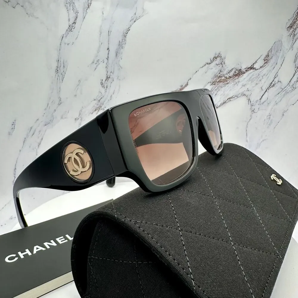 CHANEL Sunglasses Black Square Shield Gold CC Gradient Brown Lens - Picture 12 of 16